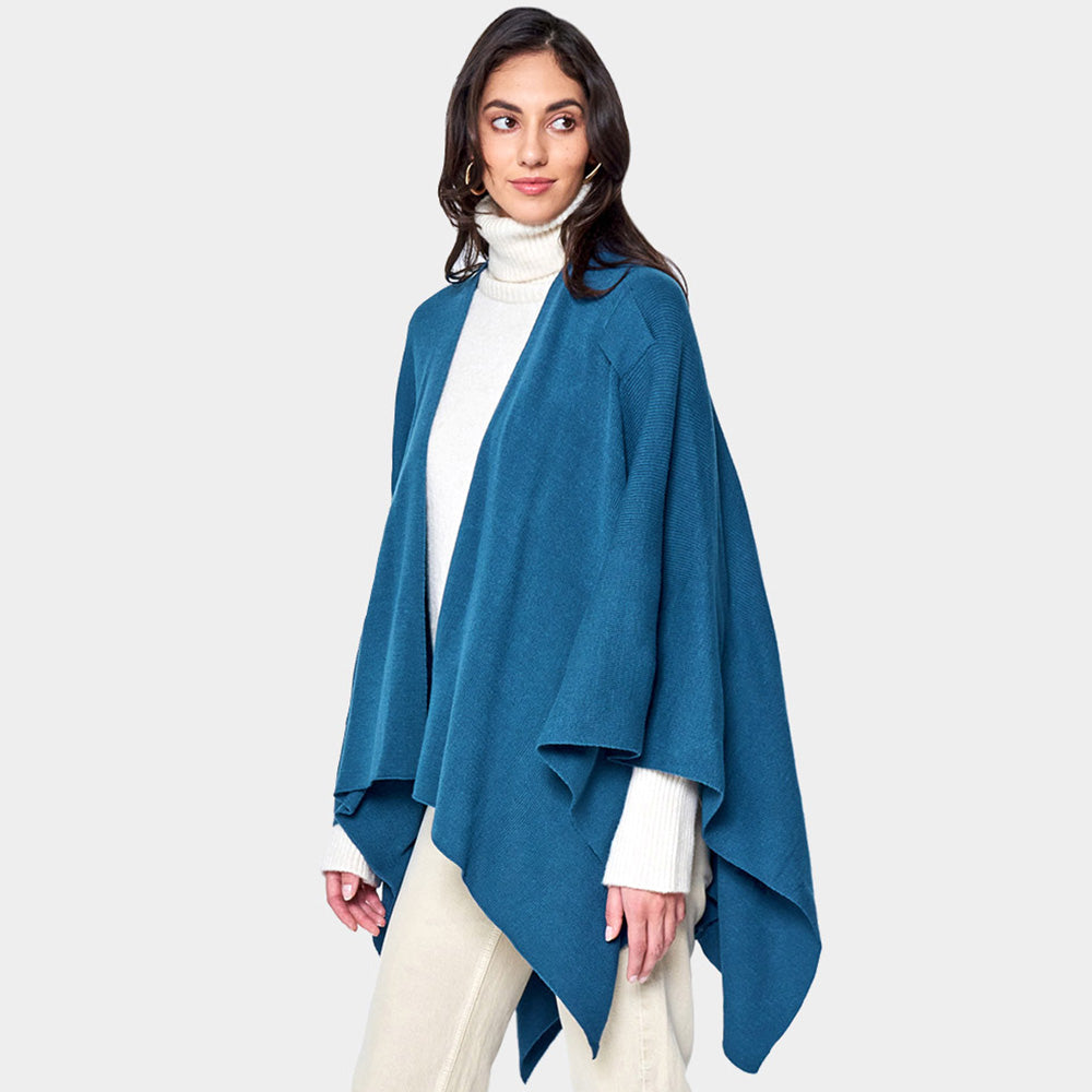 Women's Solid Color Knitted Ruana Poncho Wraps with Shoulder Strap