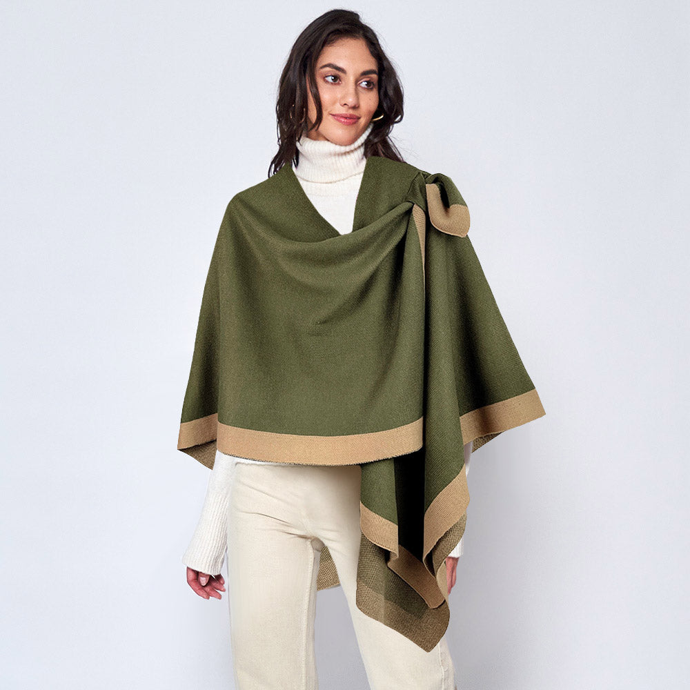 Bordered Color Block Ruana Poncho Wraps with Shoulder Strap
