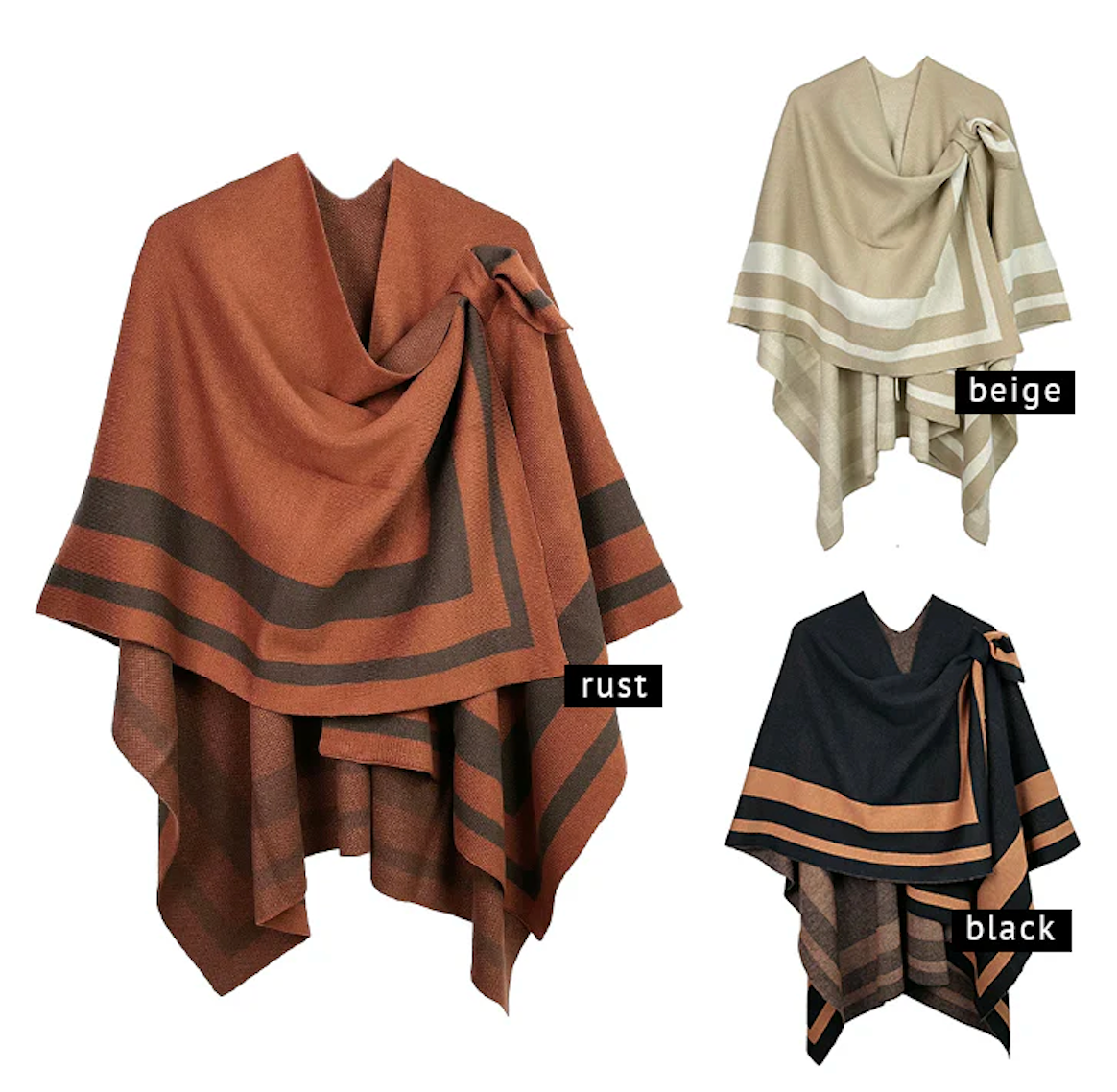 Bordered Color Block Ruana Poncho Wraps with Shoulder Strap