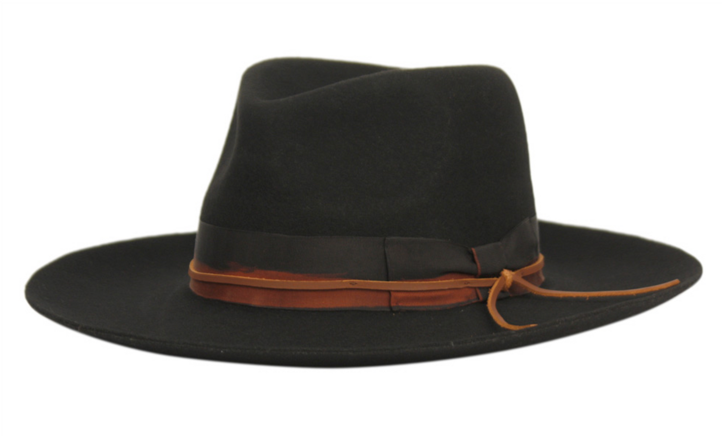 Wide Brim 100% Wool felt Hard Shell Fedora with Fabric Band & Leather String