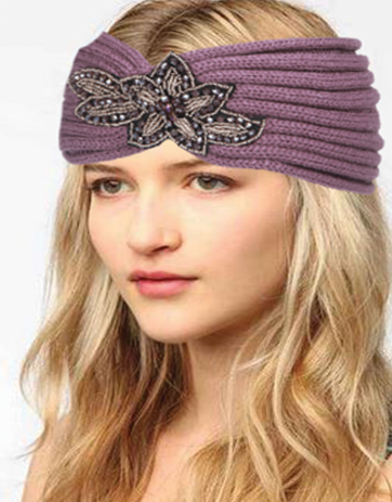 Women's Fashion Knit Headband With Sequence Flower Trim 1973