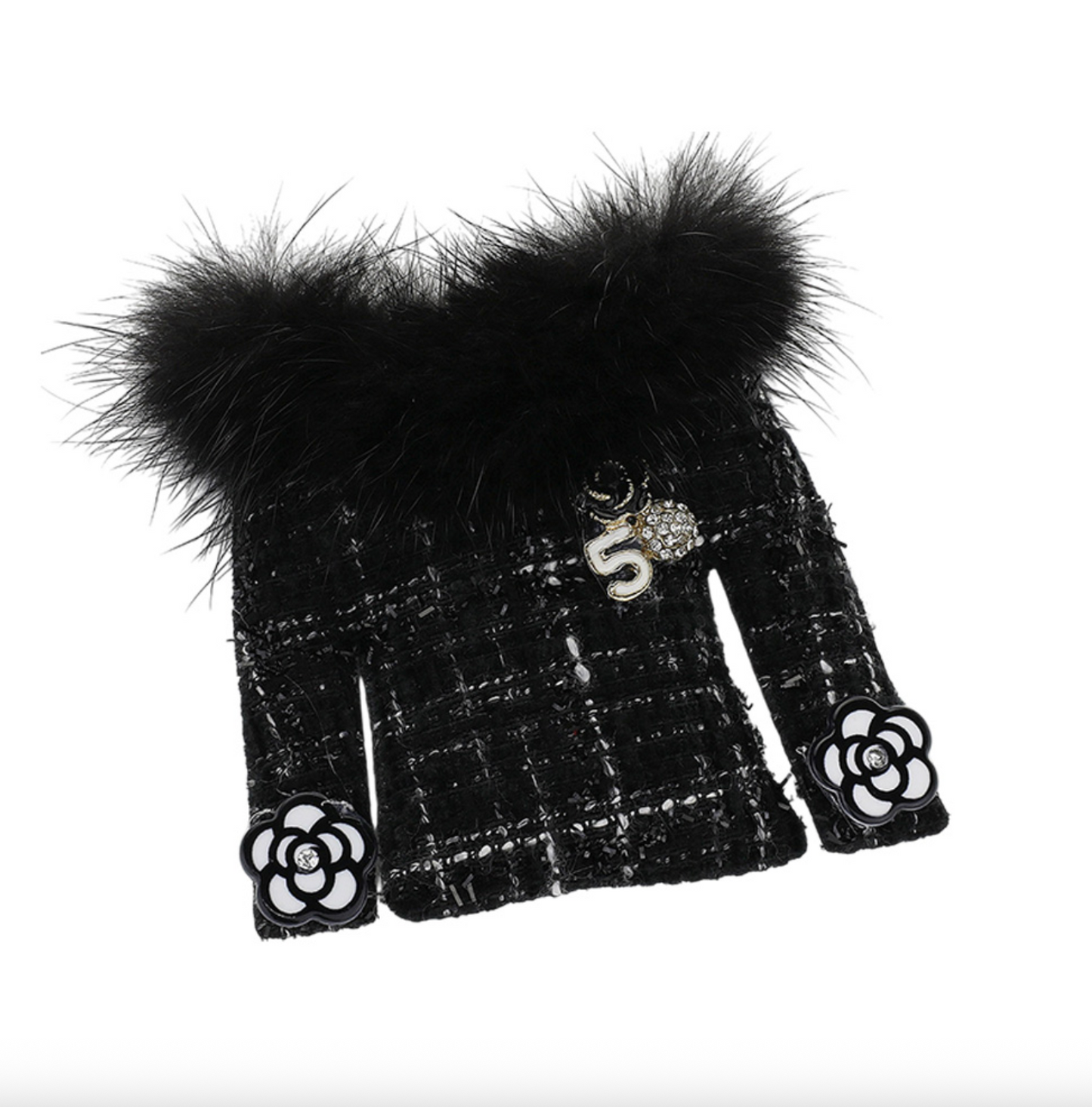 Fuzzy Fur Trim Tweed Jacket Pin Brooch