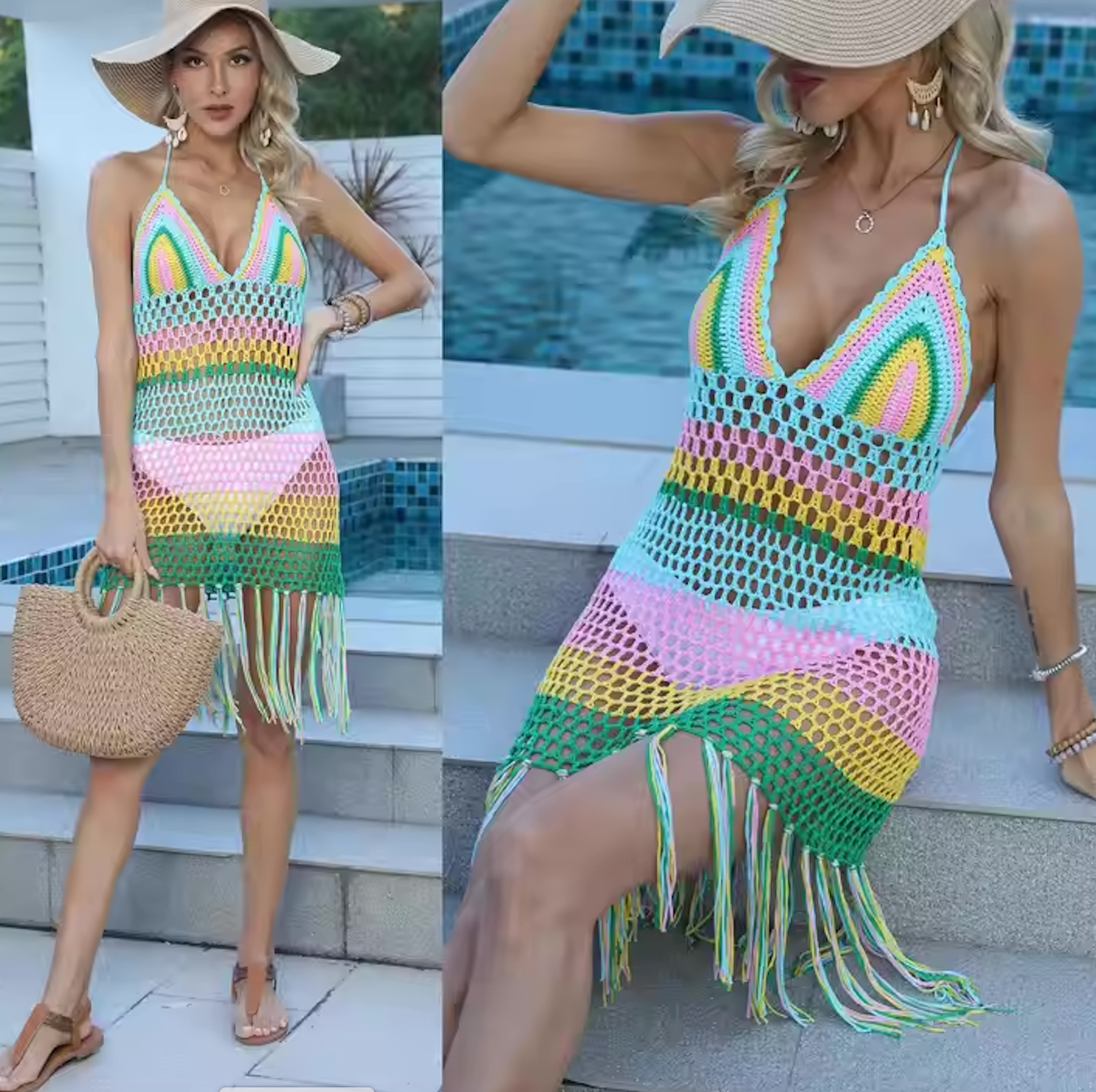 Women's Summer Beach Crochet Fringe Dress Swimwear Top Cover Up