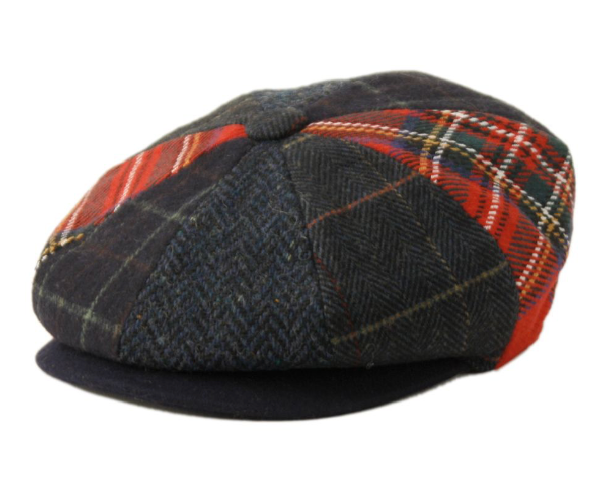 Wool Blend Patch Work Newsboy Cap With Quilted Satin Lining front snap button