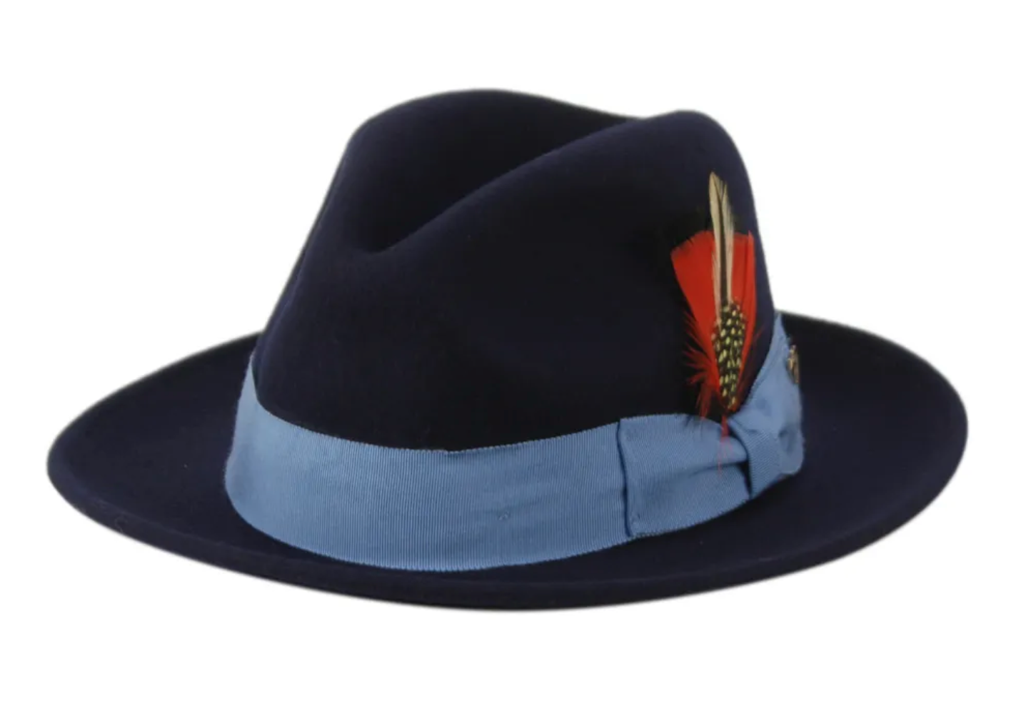 Men's Two Tone Vintage Hard Shape Wool Felt Fedora with Feather Satin Lining 7082