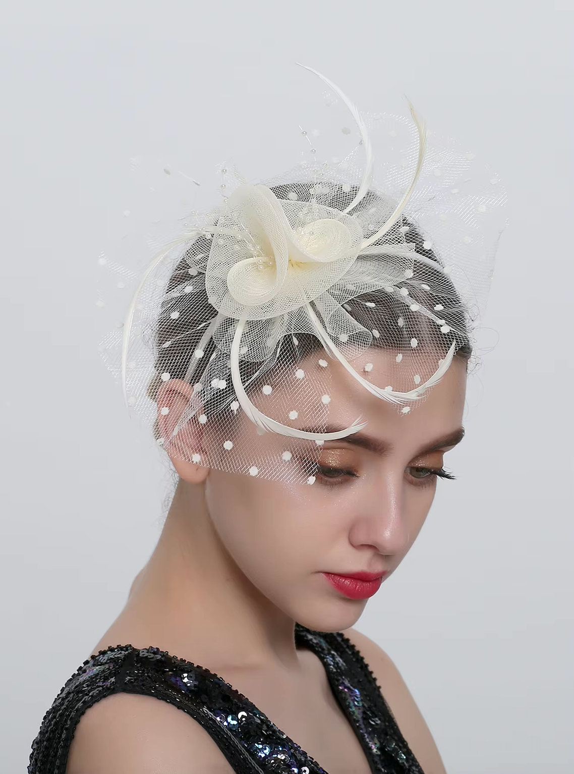 Women's Simple Polka Dot Small Fascinator Cute Bow Feather 65099