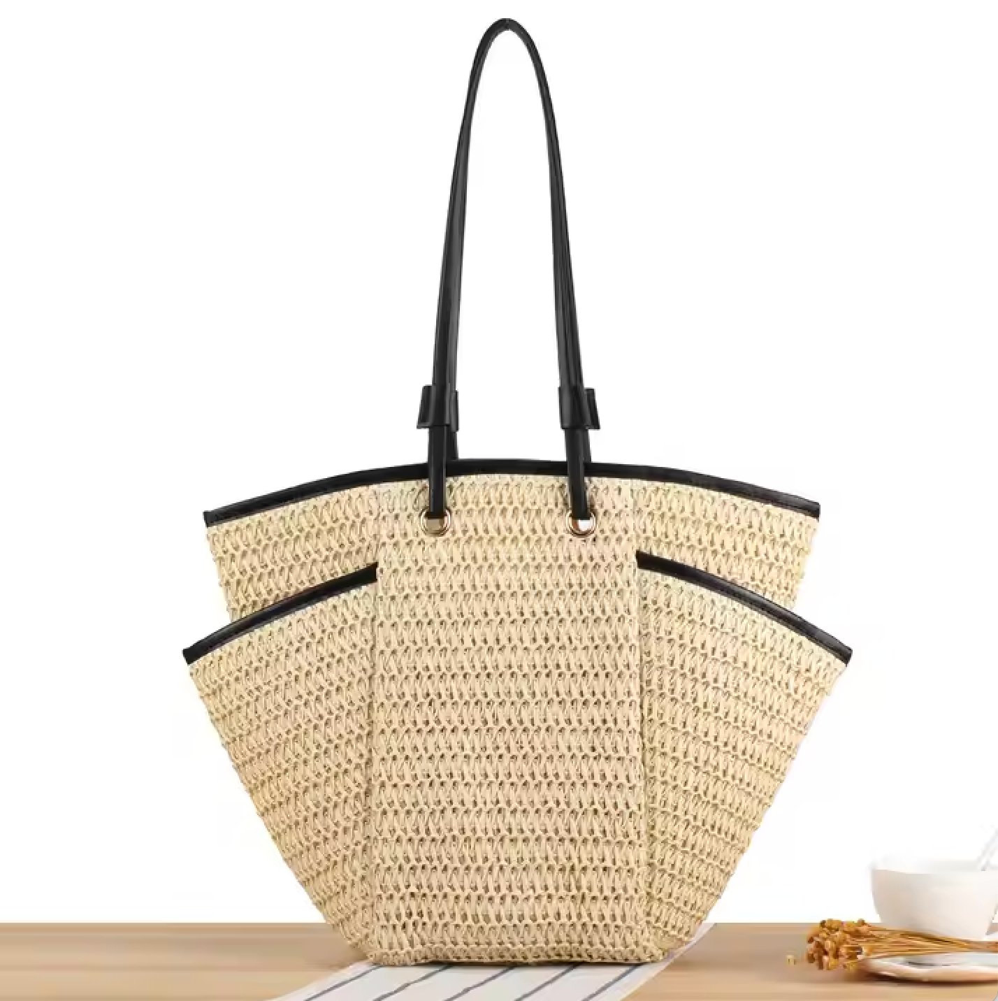 Women's Woven Basket Straw Beach Bag with 3 Pocket