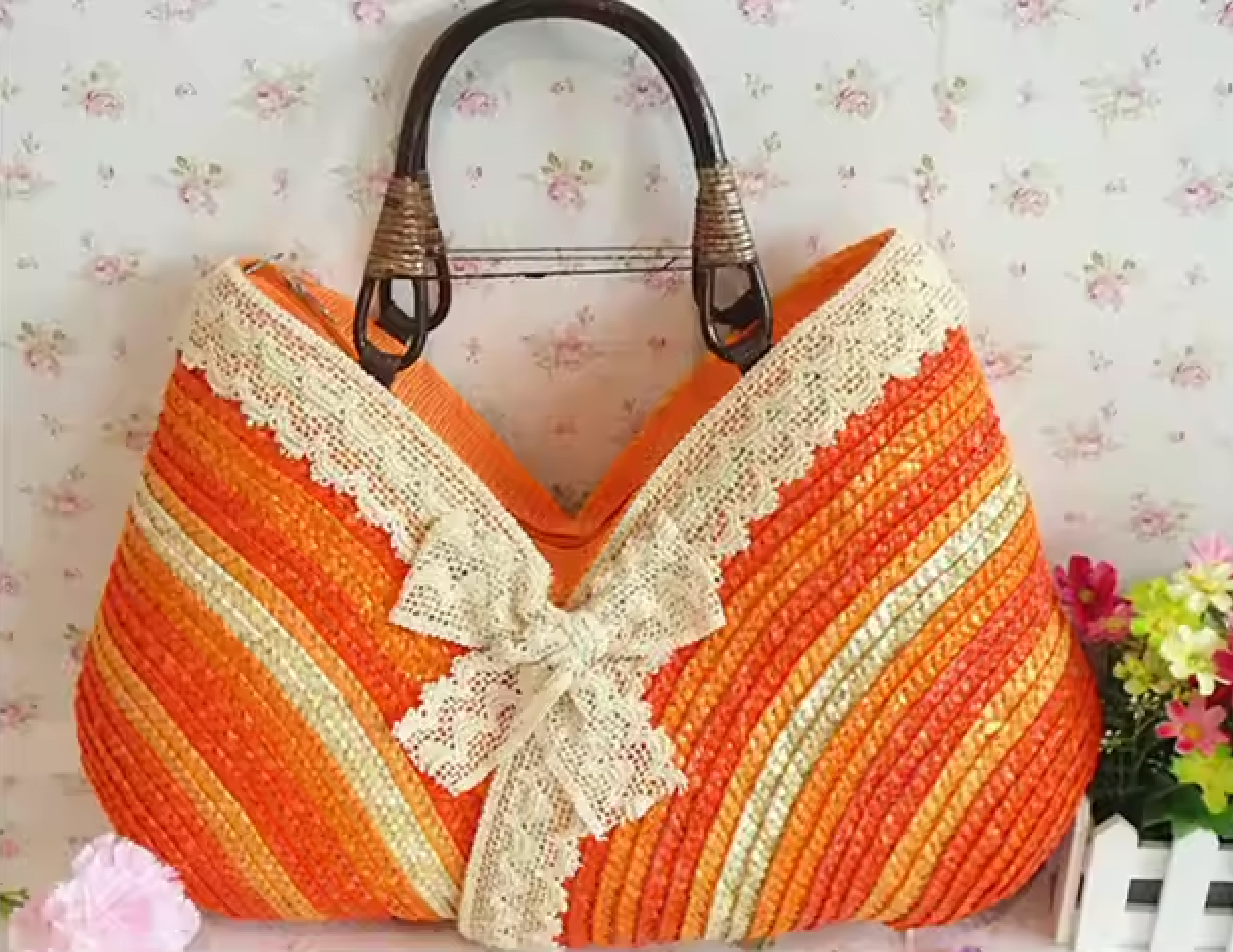 Women's Lace Edge Rattan Colorful Striped Straw Tote Beach Bag with Zipper Closesure