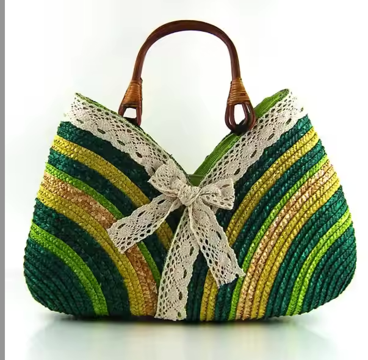 Women's Lace Edge Rattan Colorful Striped Straw Tote Beach Bag with Zipper Closesure