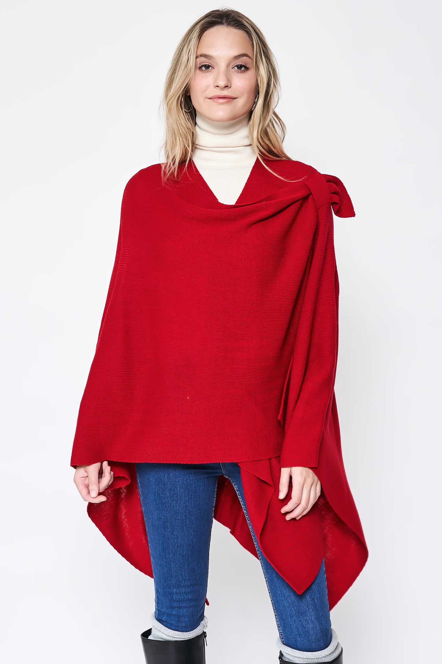 Women's Solid Color Knitted Ruana Poncho Wraps with Shoulder Strap