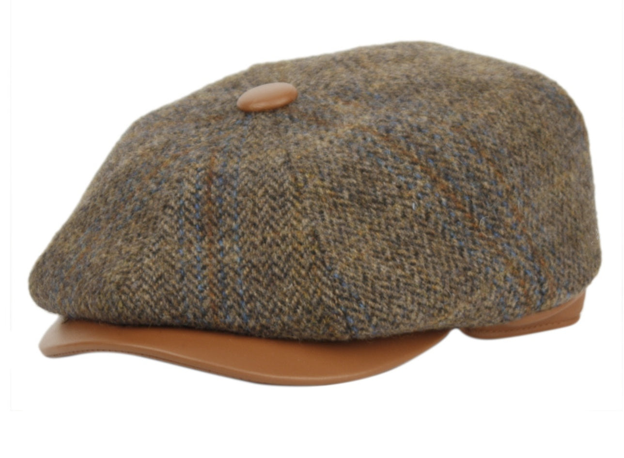 Men's Berteil Tweed Wool Newsboy Cap w/Leather Brim quilted satin lining LB001