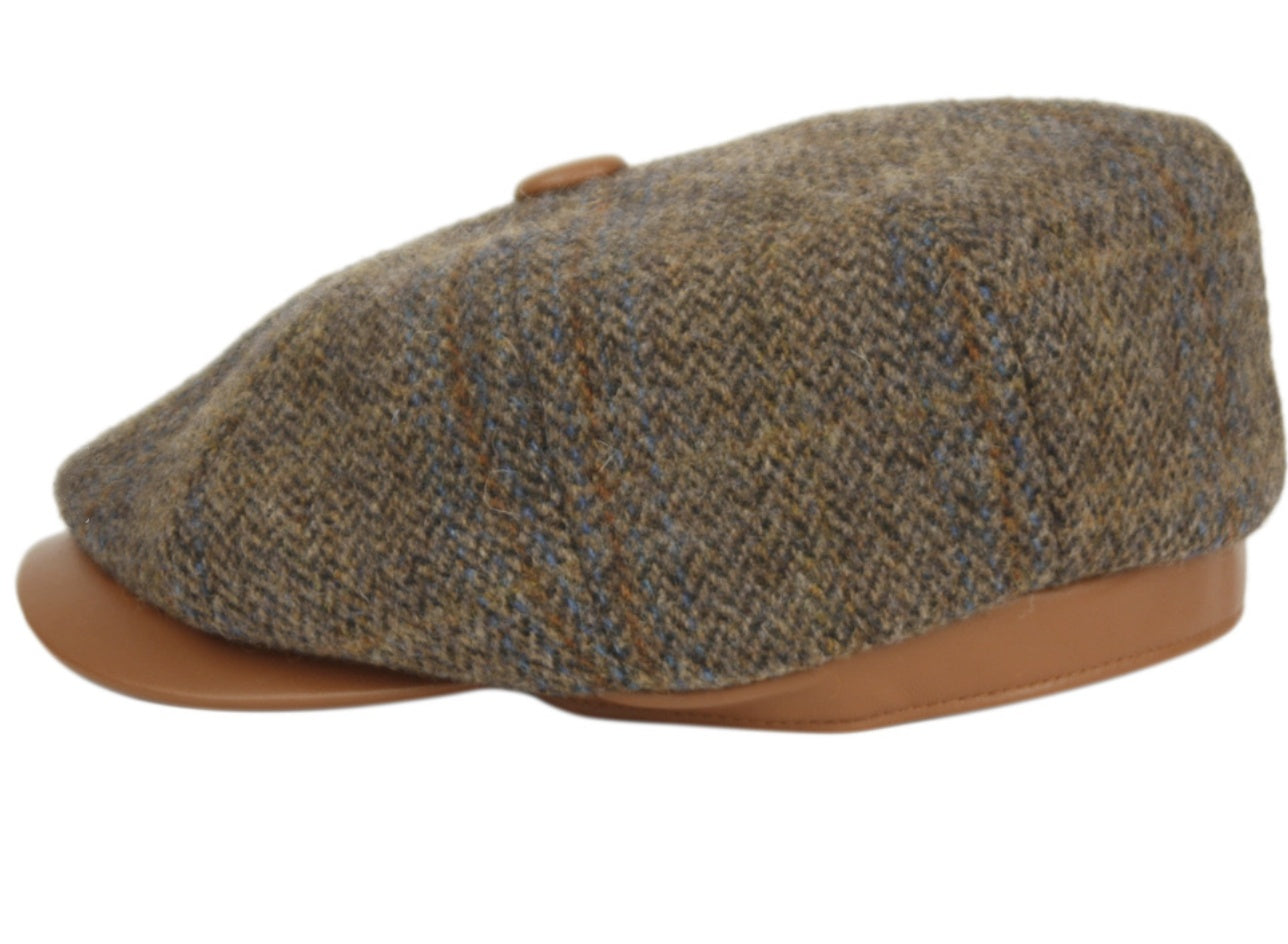 Men's Berteil Tweed Wool Newsboy Cap w/Leather Brim quilted satin lining LB001