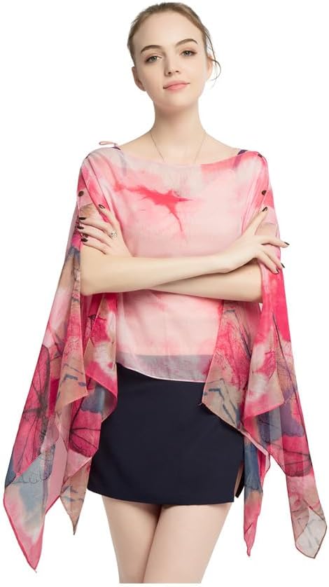 Women's Summer Beach Loose Fit Print Lightweight Sheer Chiffon Swimwear Pull On Top with Pearl Buttons 2 in 1 Style