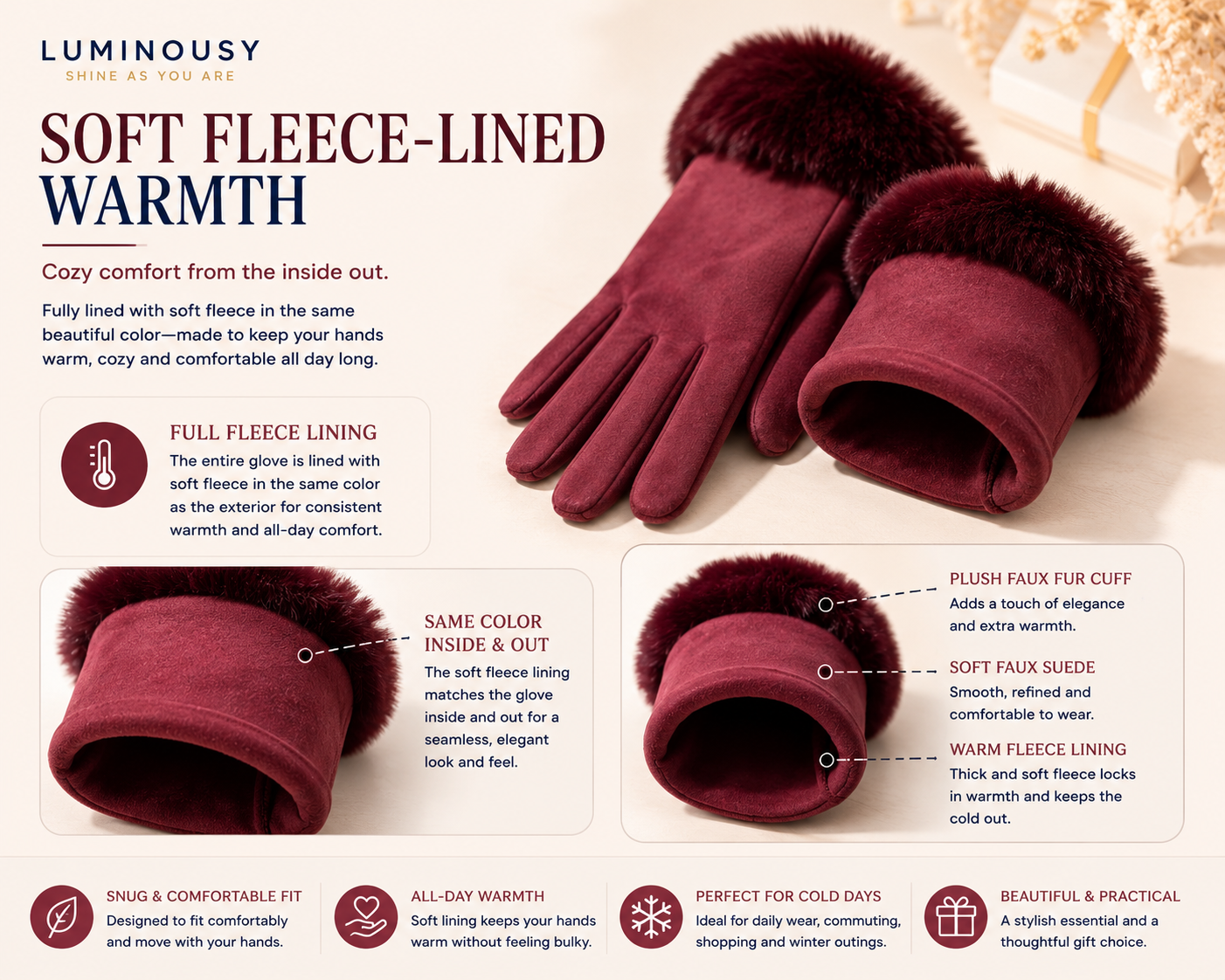 Faux Swede Glove for Women with Faux Fur Trim