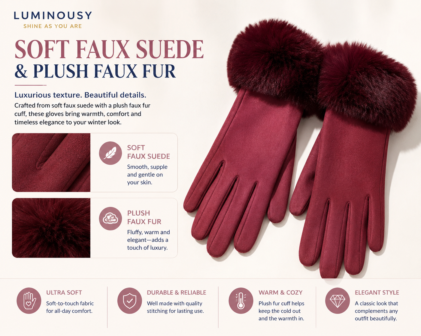 Faux Swede Glove for Women with Faux Fur Trim