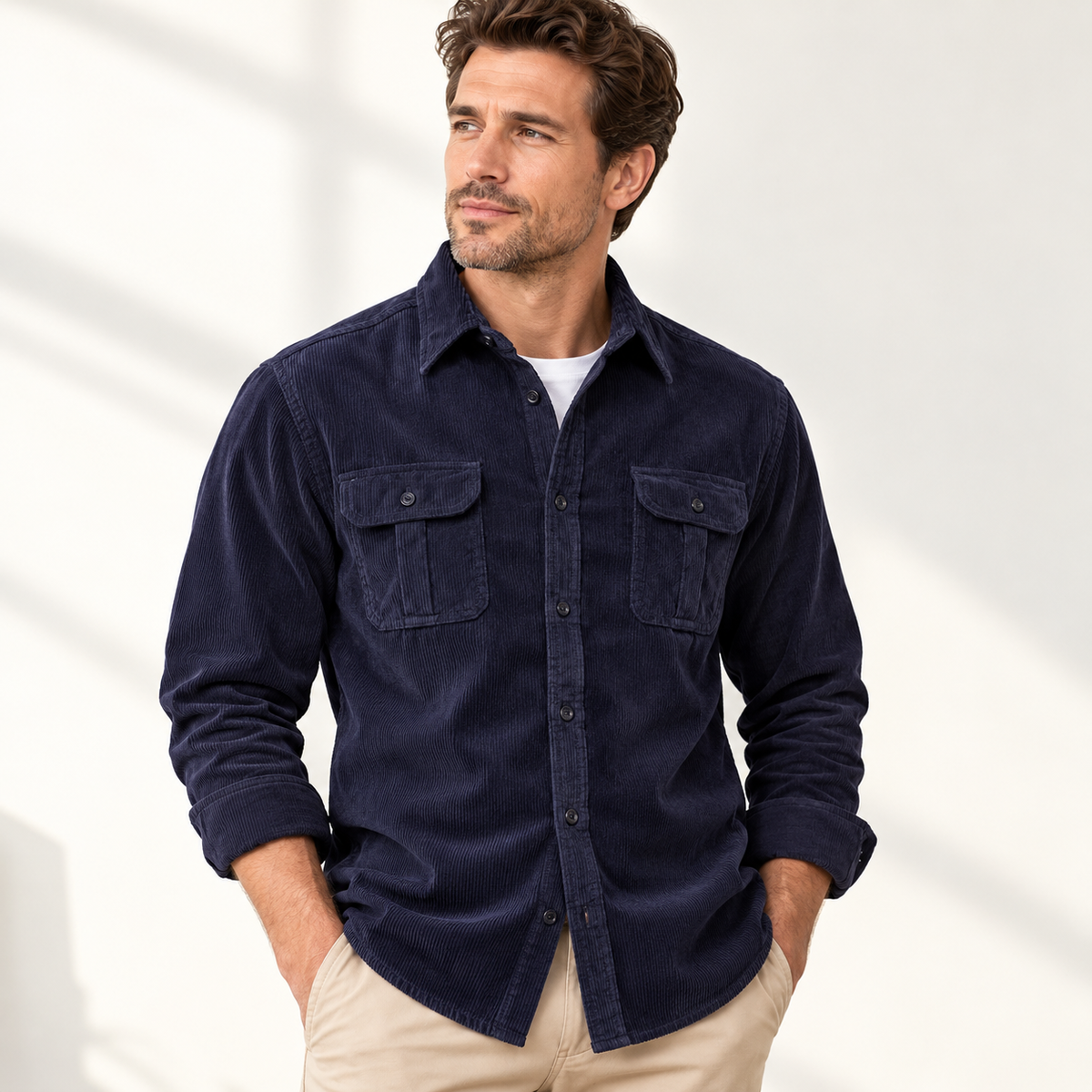 Men's Corduroy Shirts Long Sleeve Double Pockets Slim Fit  LM001
