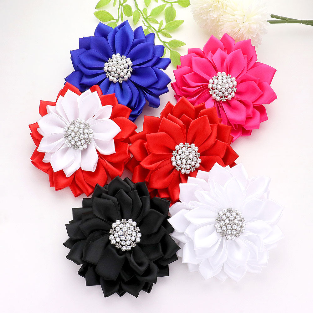 Big Pearl Pointed Flower Ribbon Brooch Hair Clip