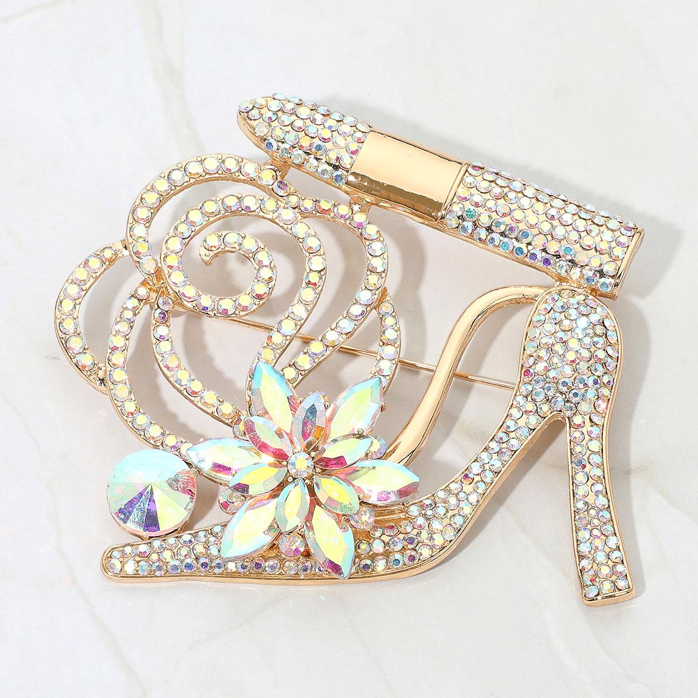 Rhinestone Embellished Flower Accent Glam High Heel Lipstick Pin Brooch