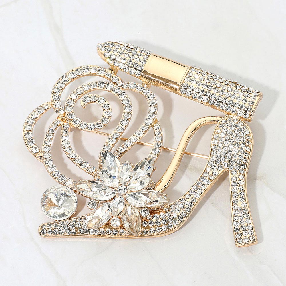 Rhinestone Embellished Flower Accent Glam High Heel Lipstick Pin Brooch