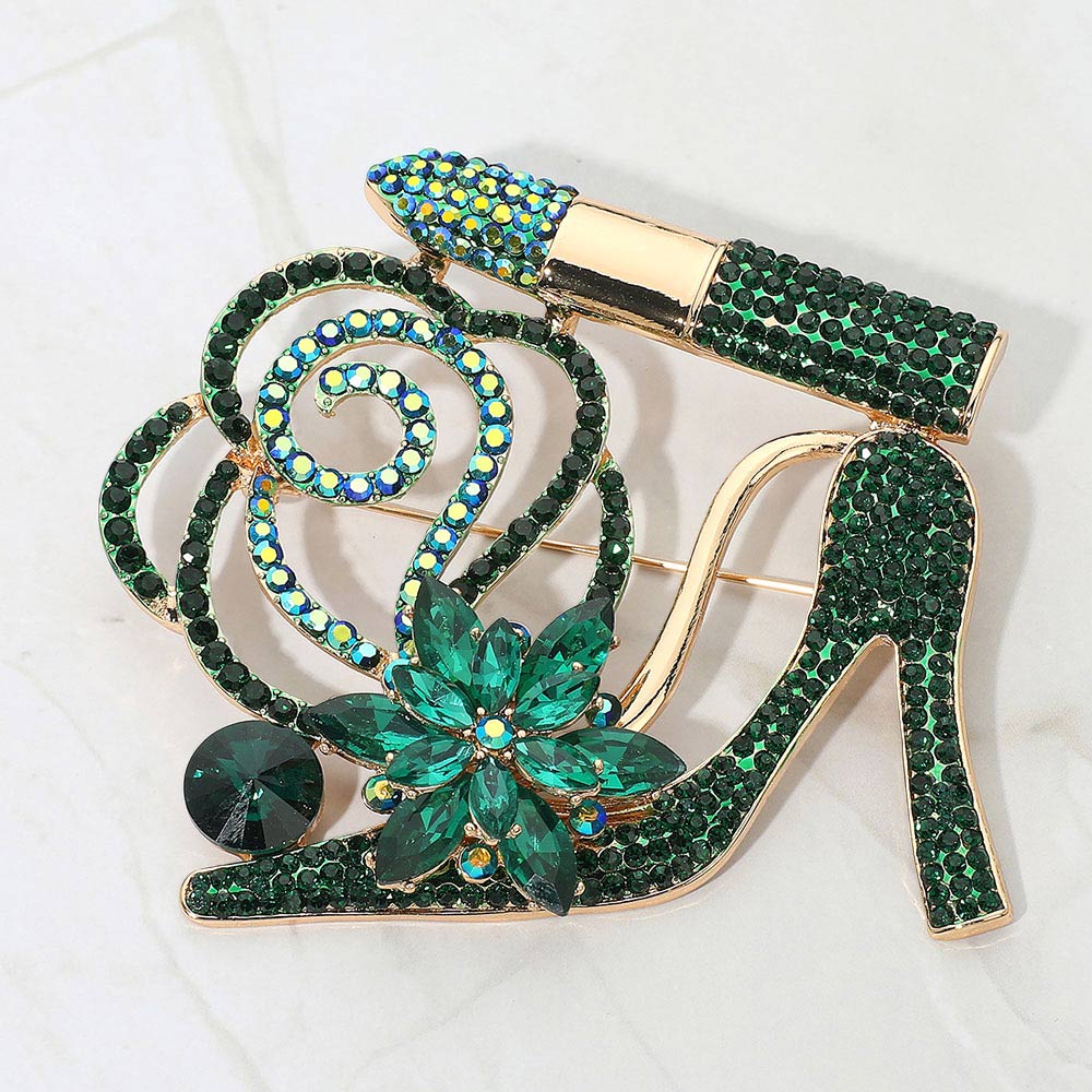 Rhinestone Embellished Flower Accent Glam High Heel Lipstick Pin Brooch