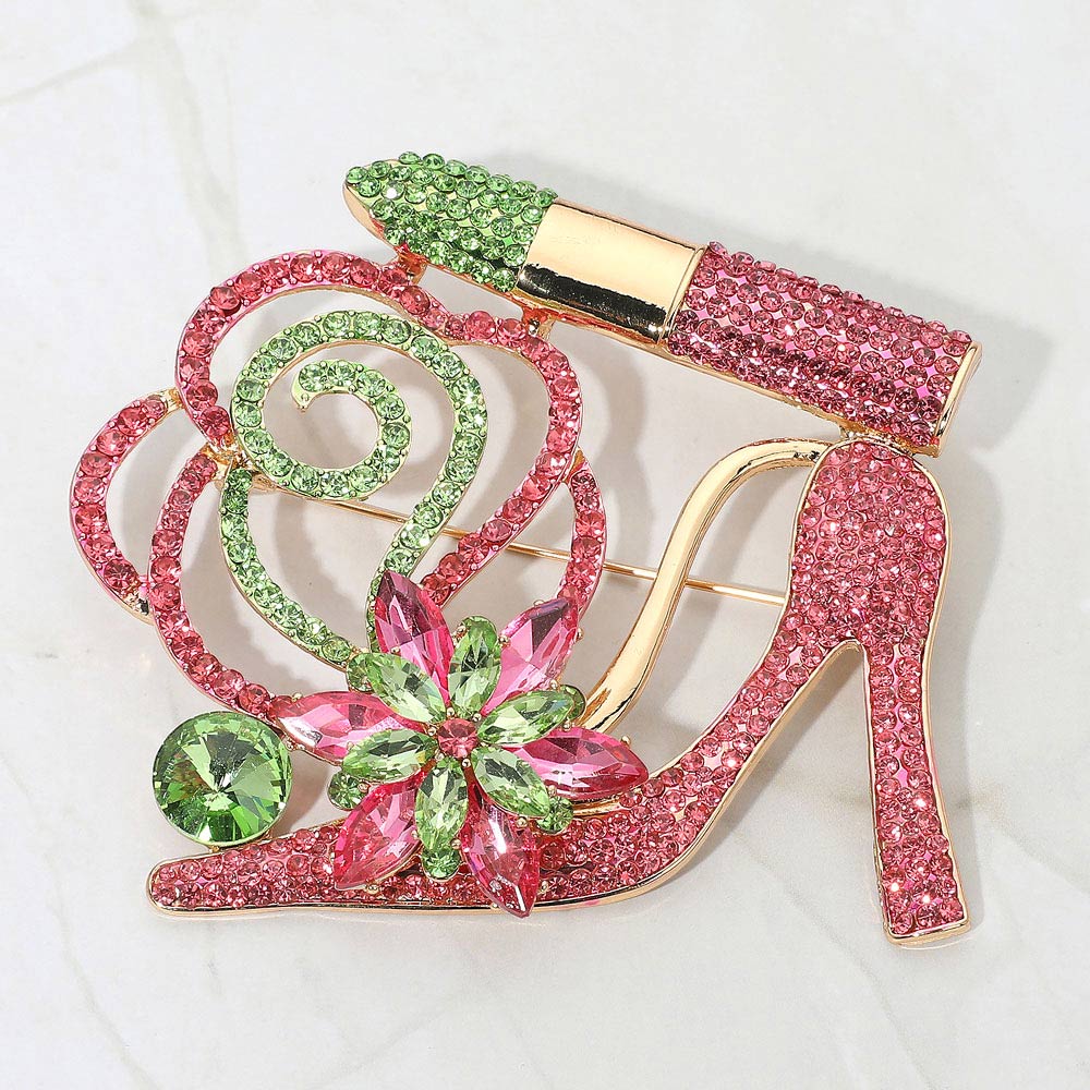Rhinestone Embellished Flower Accent Glam High Heel Lipstick Pin Brooch