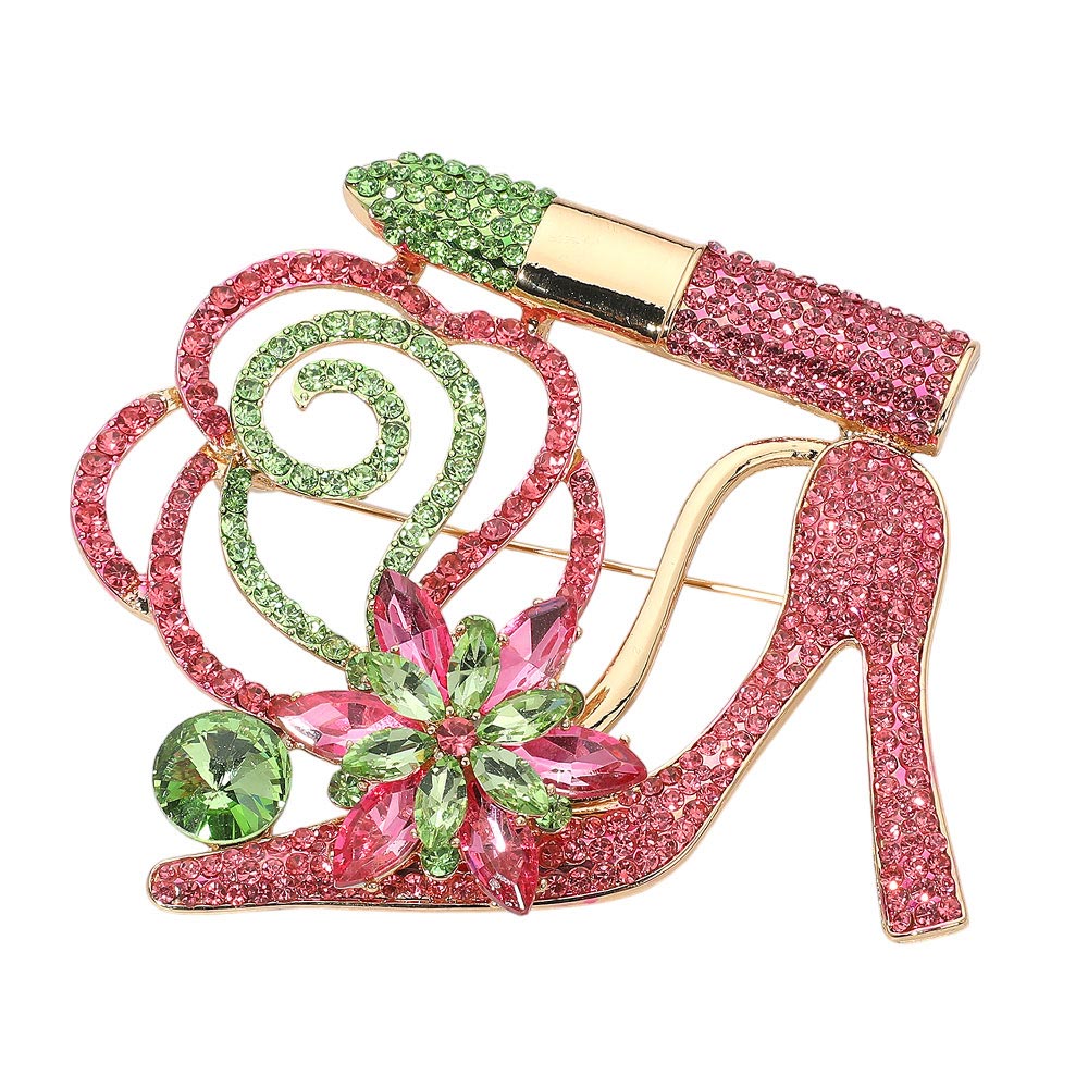 Rhinestone Embellished Flower Accent Glam High Heel Lipstick Pin Brooch