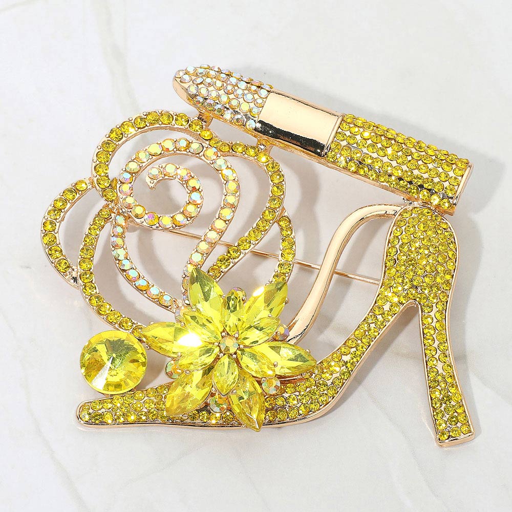 Rhinestone Embellished Flower Accent Glam High Heel Lipstick Pin Brooch