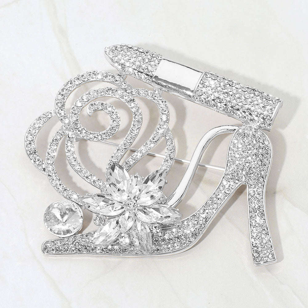 Rhinestone Embellished Flower Accent Glam High Heel Lipstick Pin Brooch