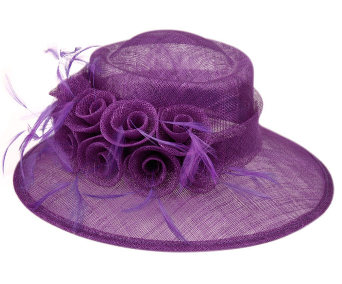 Women's Wider Brim Sinamay Church Derby Hat Flower Feather Trim with adjustable drawstring L62900