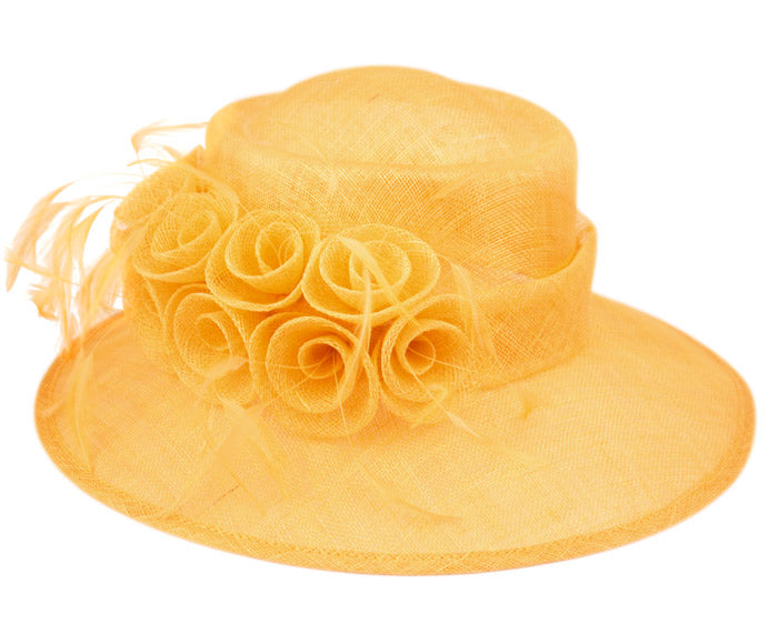 Women's Wider Brim Sinamay Church Derby Hat Flower Feather Trim with adjustable drawstring L62900