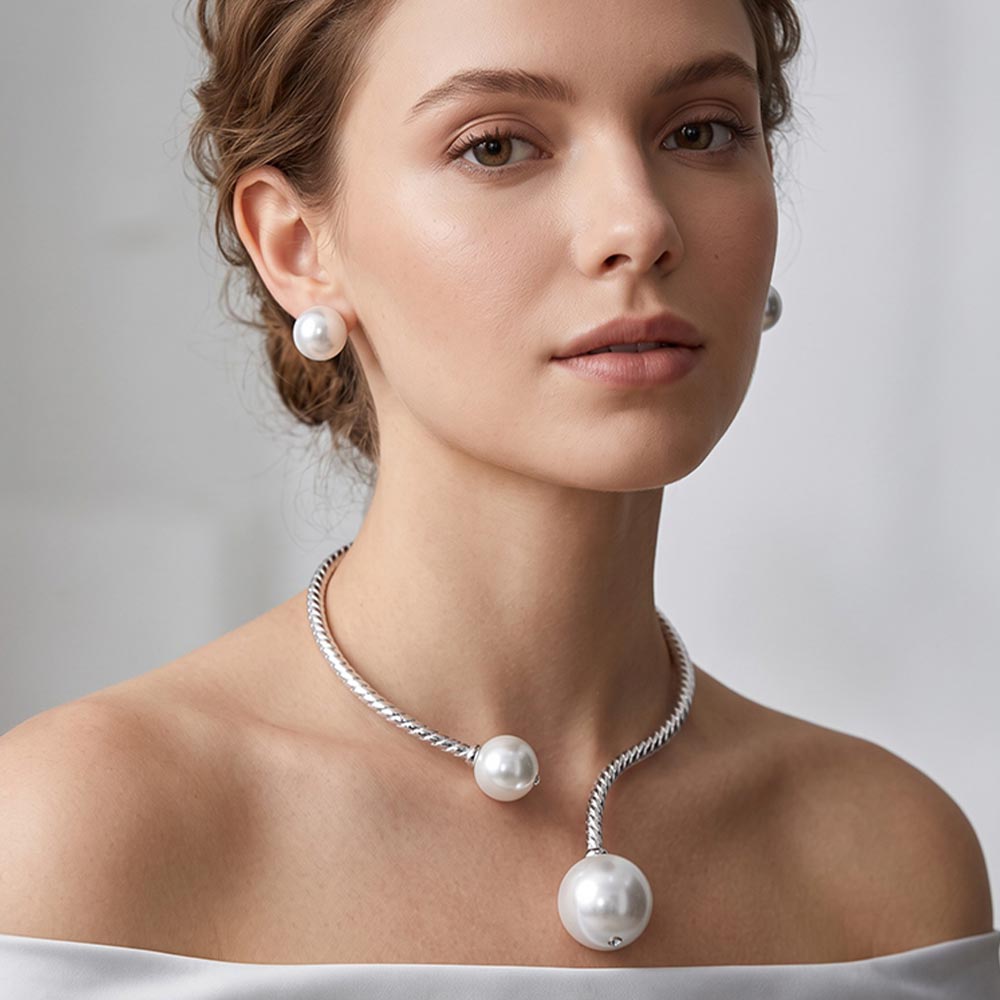 Chunky Pearl Textured Metal Collar Choker Necklace Set  L2615