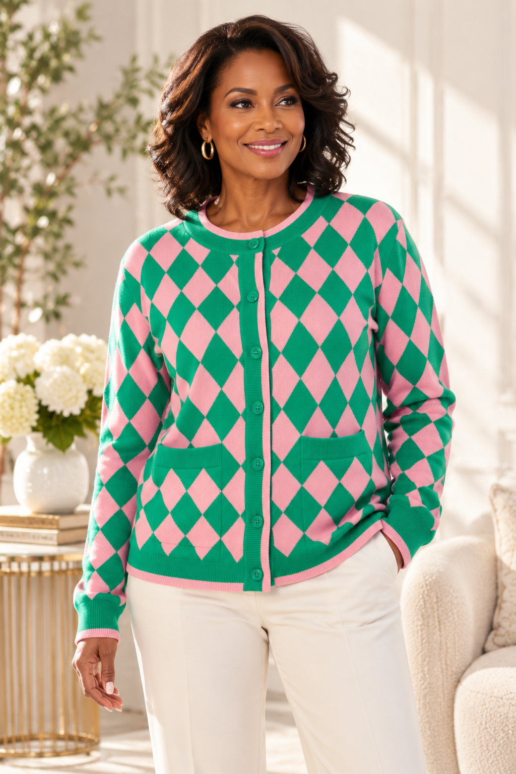 Women's Cardigan Pink/Green Argyle Knit Sweater
