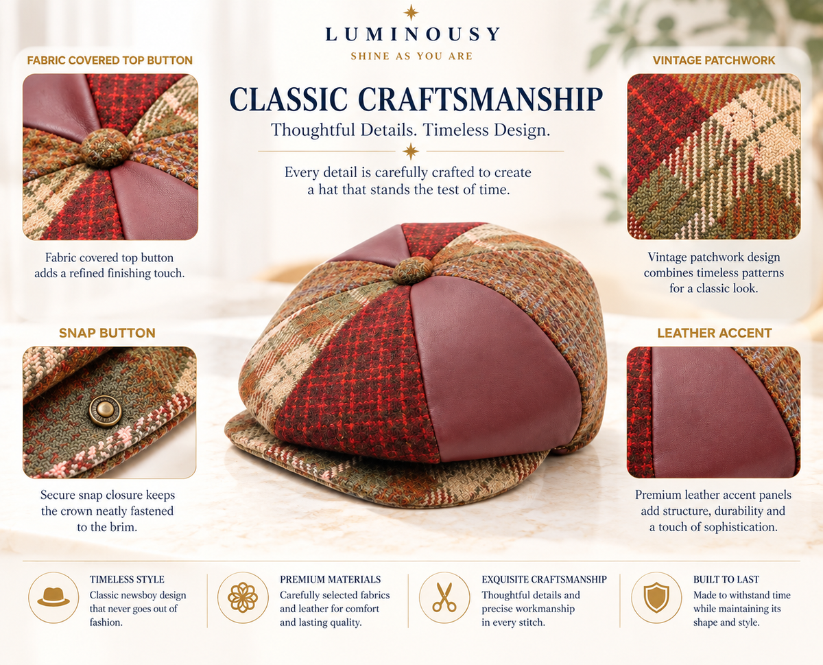 Men's 100% Wool Panels & PU Leather Patchwork Apple Hat – Newsboy Cap