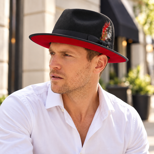 Men's Red Velvet Bottom Wool felt fedora hats & feather with adjustable velcro L122