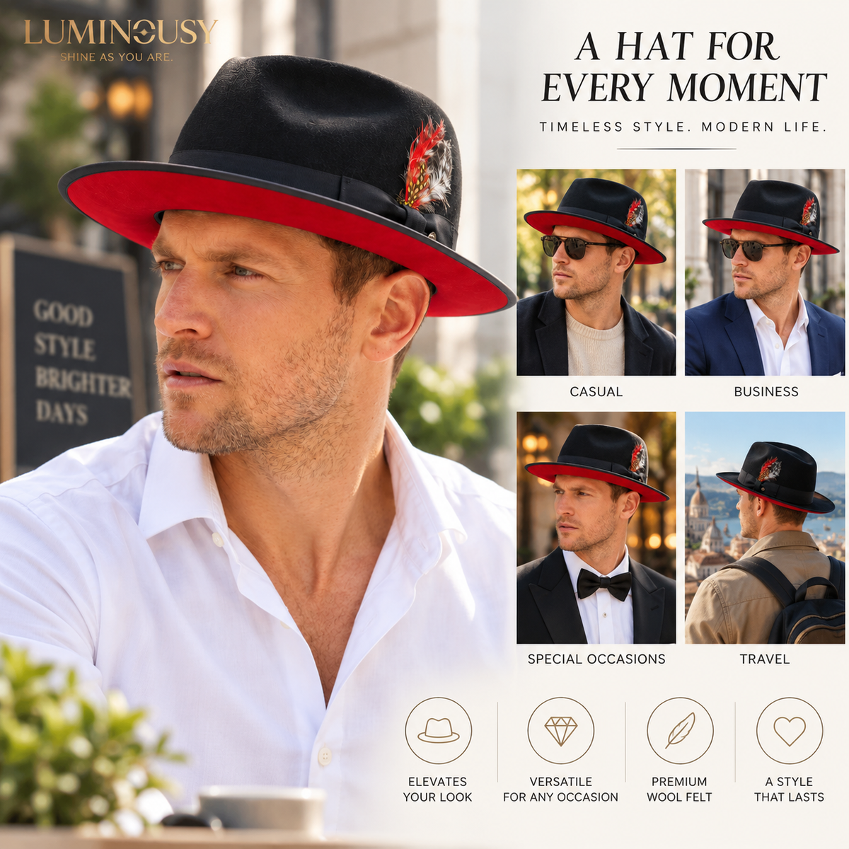 Men's Red Velvet Bottom Wool felt fedora hats & feather with adjustable velcro L122