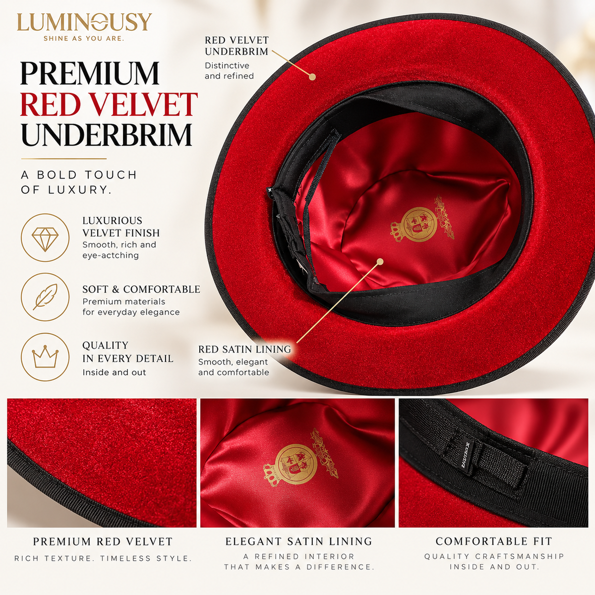 Men's Red Velvet Bottom Wool felt fedora hats & feather with adjustable velcro L122