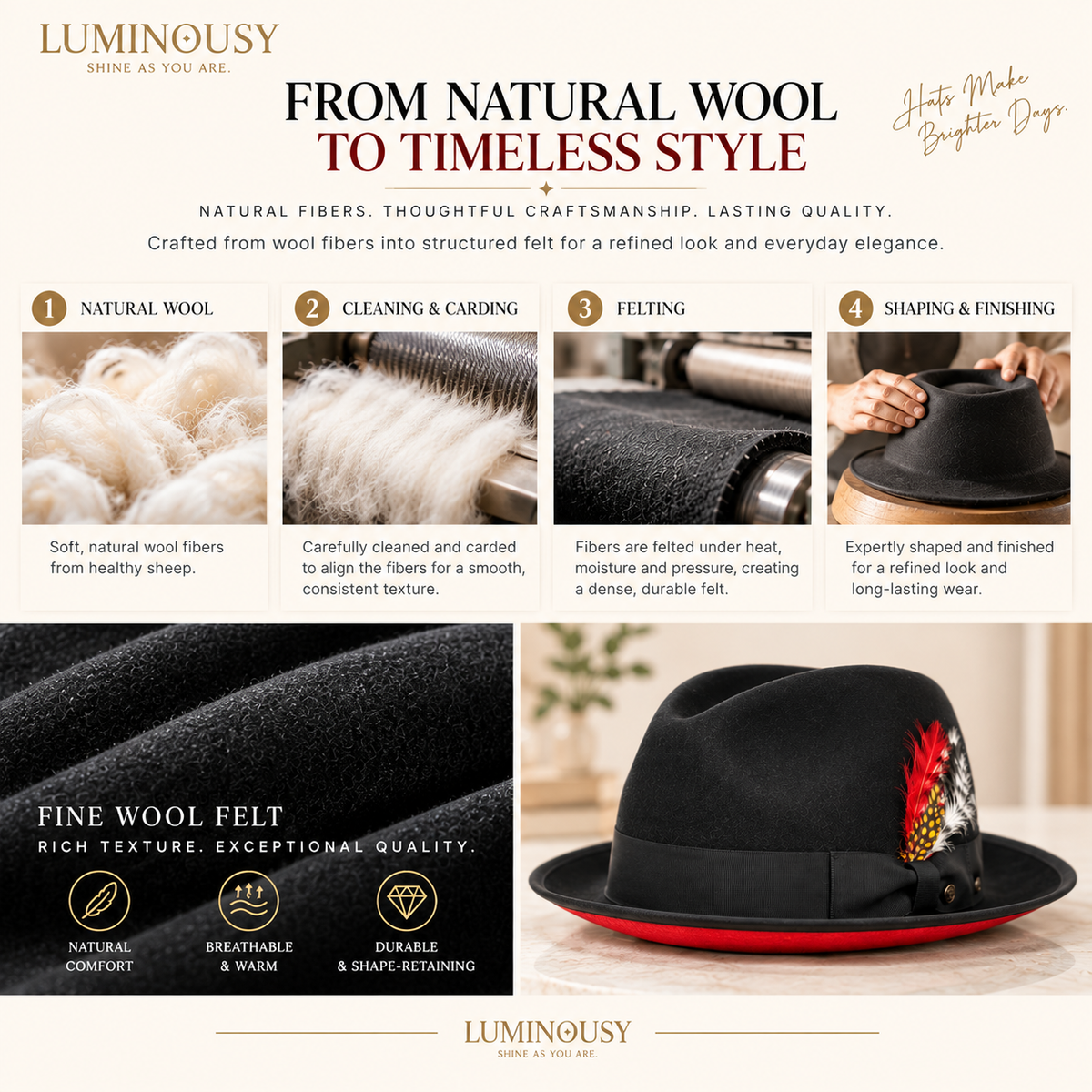 Men's Red Velvet Bottom Wool felt fedora hats & feather with adjustable velcro L122