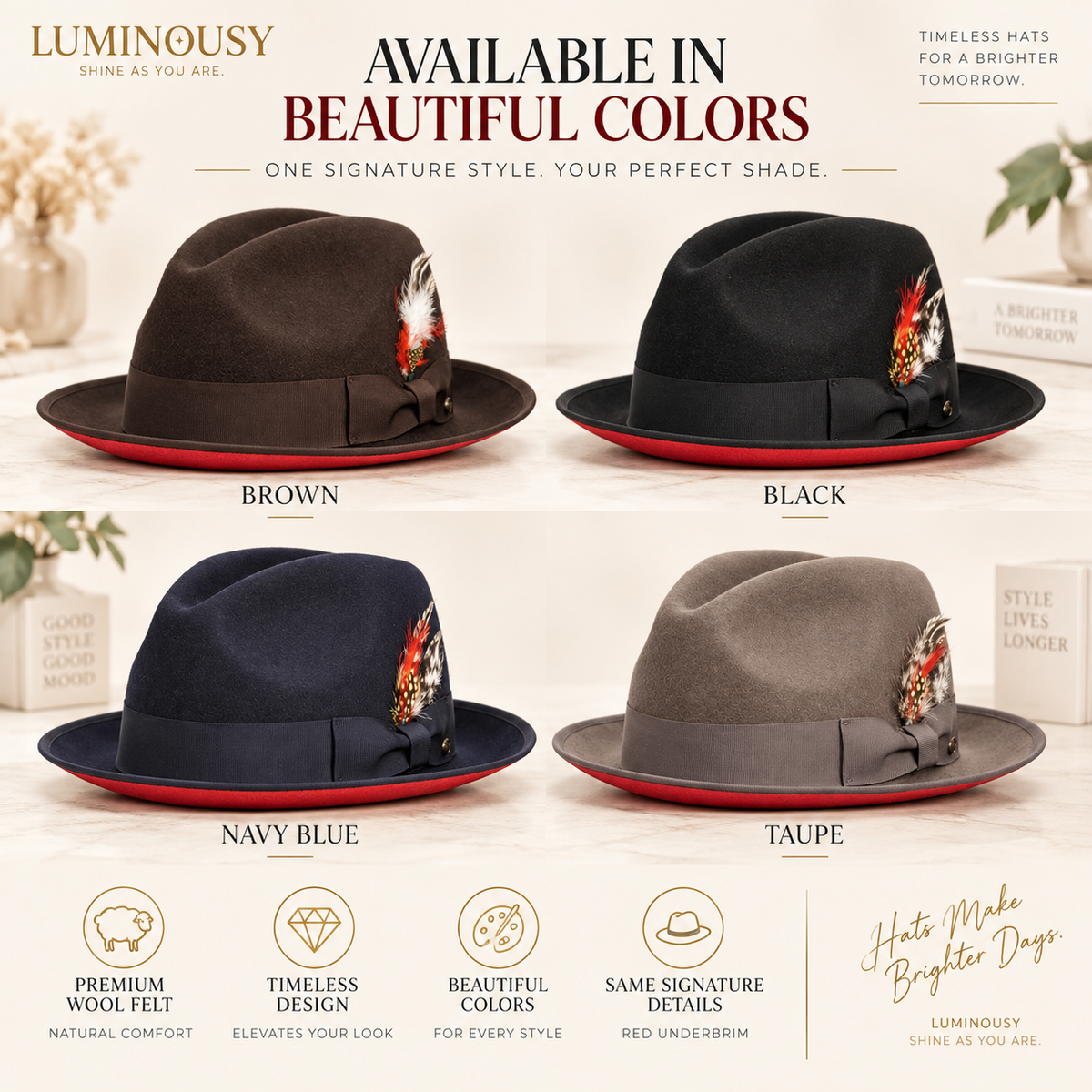Men's Red Velvet Bottom Wool felt fedora hats & feather with adjustable velcro L122