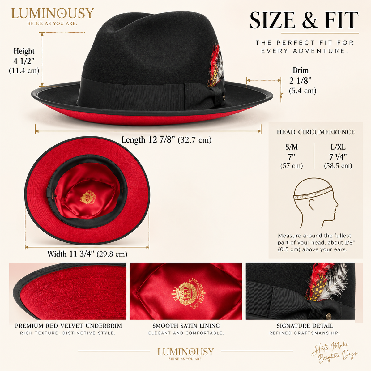 Men's Red Velvet Bottom Wool felt fedora hats & feather with adjustable velcro L122