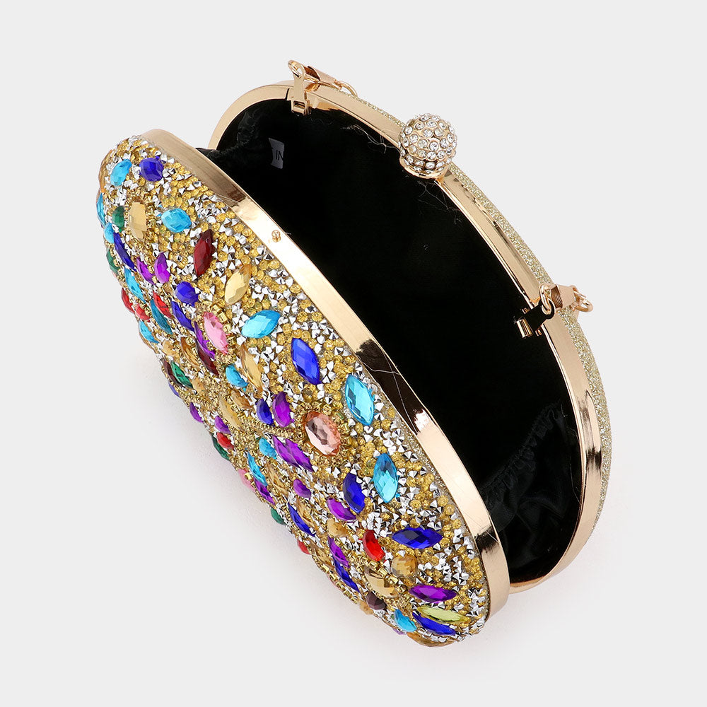 Multi Color Evening Clutch in Golden Trim with Rhinestone Beads