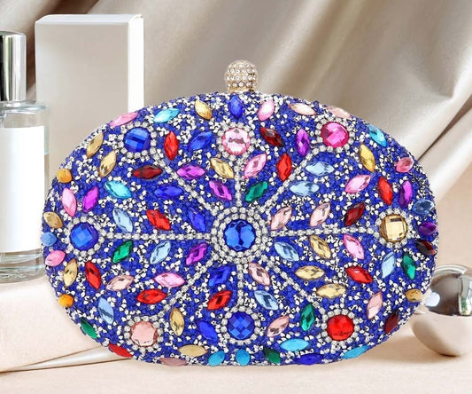 Multi Color Evening Clutch in Golden Trim with Rhinestone Beads