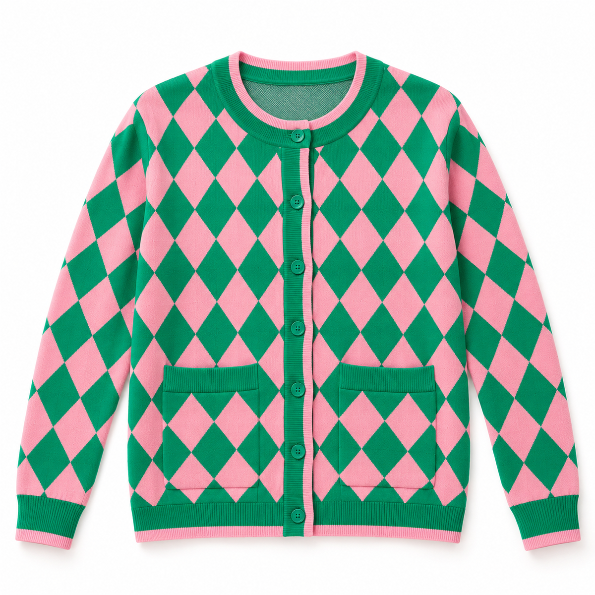Women's Cardigan Pink/Green Argyle Knit Sweater