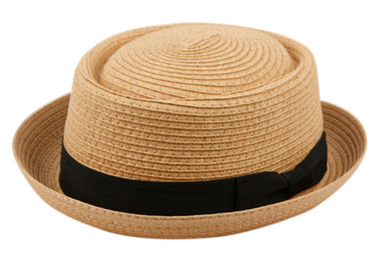 Spring Summer Men's Straw Porkpie Solid Color with Up Turn Short Brim