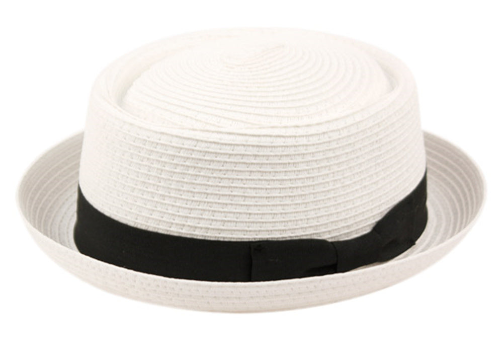 Spring Summer Men's Straw Porkpie Solid Color with Up Turn Short Brim