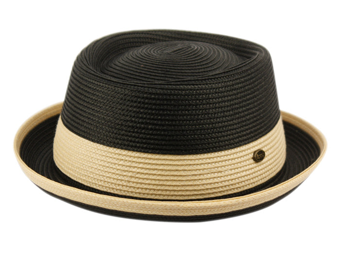 Two Tone Pork Pie Summer Men's Poly Braid Beach Dressy Small Brim Hat with an Adjustable Drawstring L2809