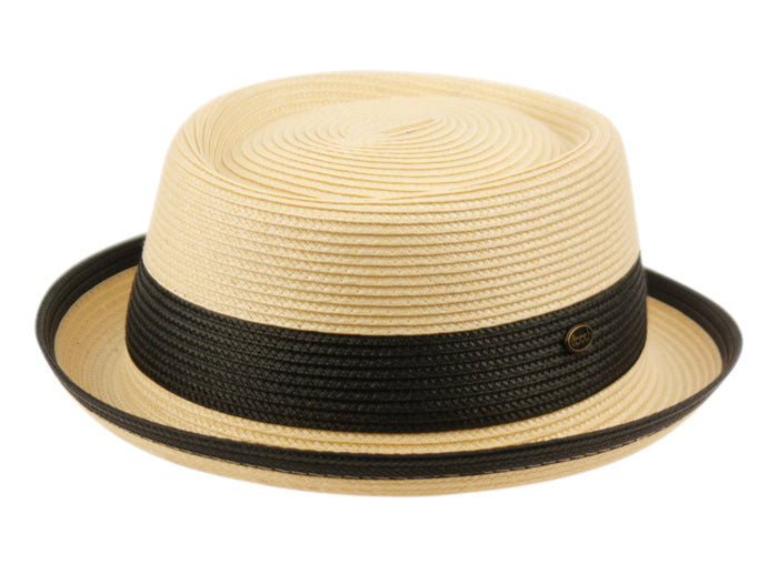Two Tone Pork Pie Summer Men's Poly Braid Beach Dressy Small Brim Hat with an Adjustable Drawstring L2809