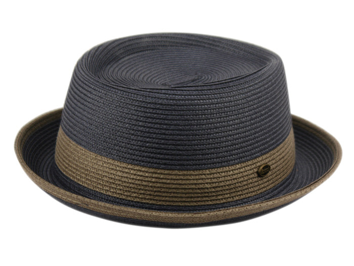 Two Tone Pork Pie Summer Men's Poly Braid Beach Dressy Small Brim Hat with an Adjustable Drawstring L2809