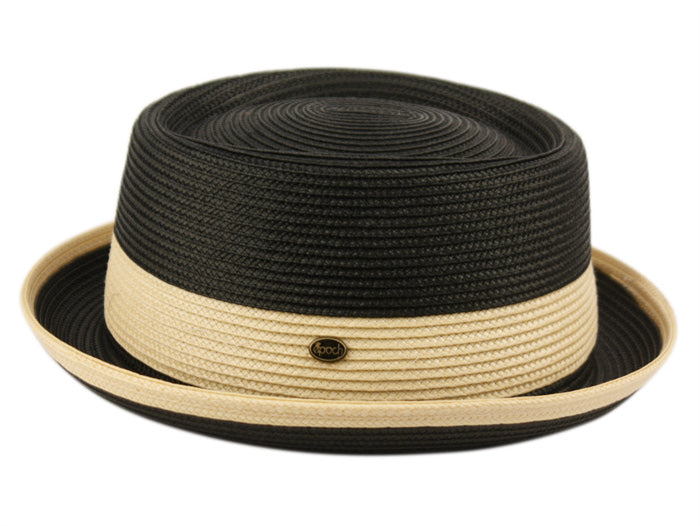 Two Tone Pork Pie Summer Men's Poly Braid Beach Dressy Small Brim Hat with an Adjustable Drawstring L2809