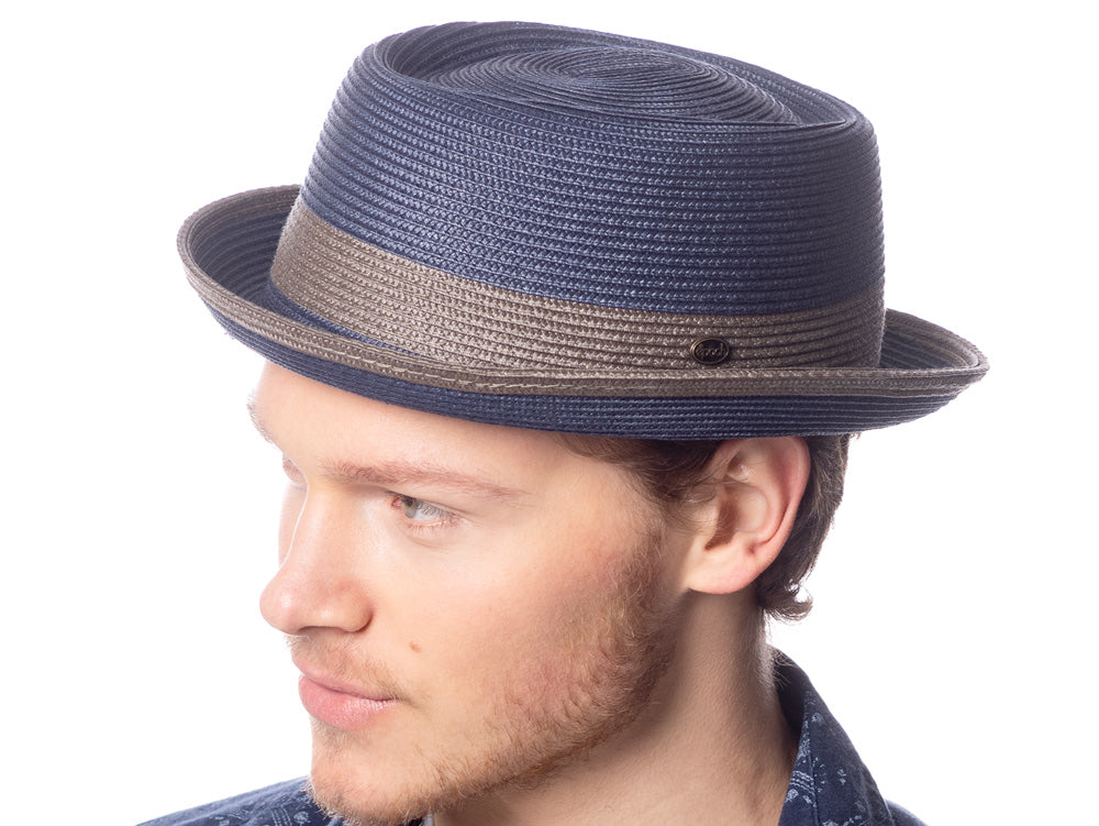 Two Tone Pork Pie Summer Men's Poly Braid Beach Dressy Small Brim Hat with an Adjustable Drawstring L2809