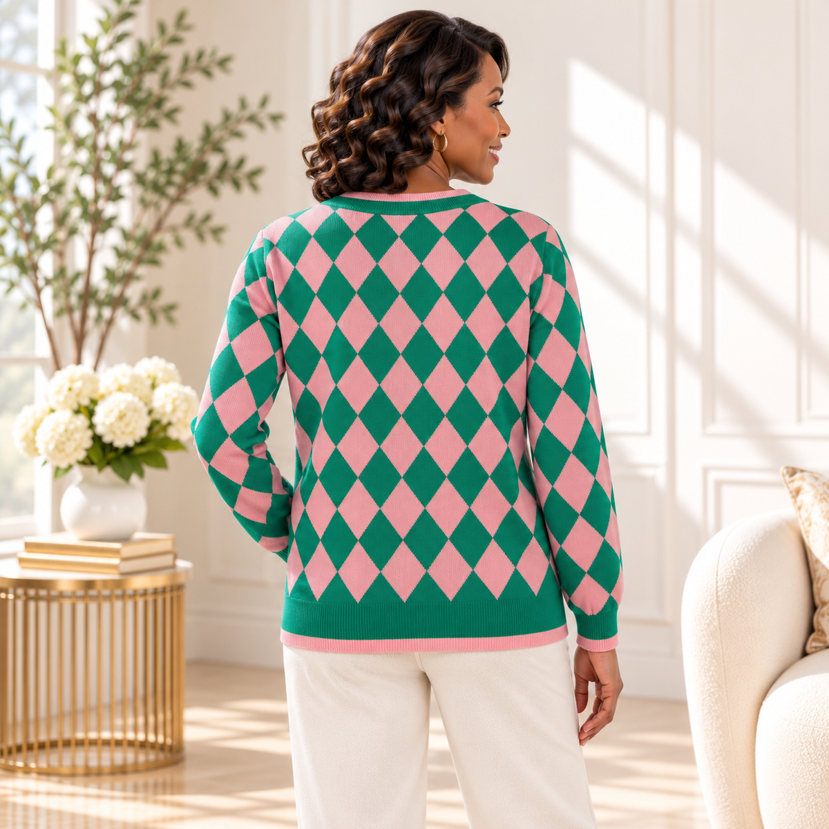 Women's Cardigan Pink/Green Argyle Knit Sweater